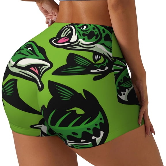 Rateoe cartoon largemouth bass fish Printed Power Workout Shorts for Women Tummy Control Squat Proof Ribbed Thick Seamless Scrunch Active Short-X-Large