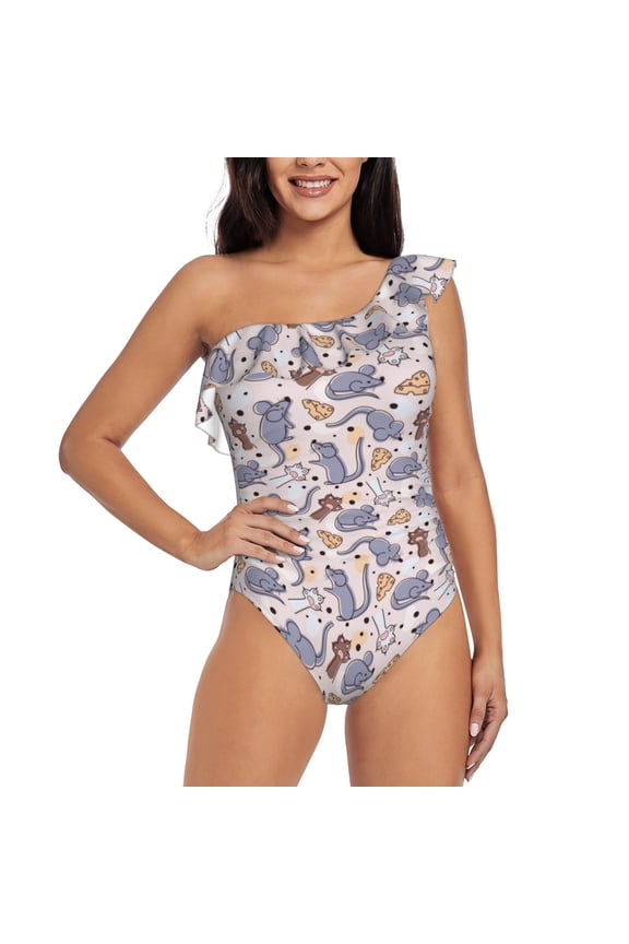 cartoon mouse Pattern Women One Piece Swimsuits Tummy Control One Shoulder Bathing Suits Ruffle Swimwear-Large