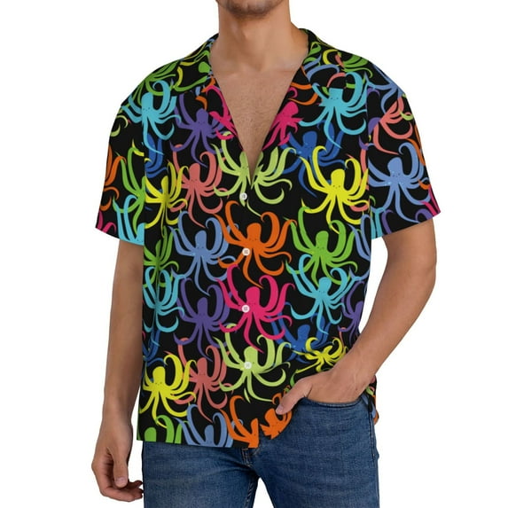 Rateoe cartoon octopus Pattern Men's Short Sleeve Classic Shirt, Casual Short-Sleeved Shirt, Lightweight Summer Shirt, Cuban Collar Shirt,Button-Front Shirt-Medium