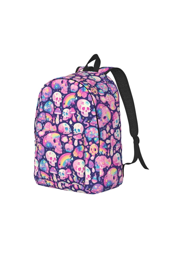 cartoon rainbow Skull Pattern Durable Canvas Backpack for Men & Women – Stylish & Lightweight – Adjustable Straps, Multiple Pockets – Fits 15-17 Inch LaptopsMedium
