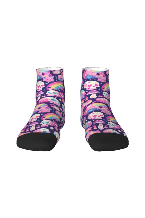 cartoon rainbow Skull Pattern Quarter Crew Socks,Toe Seamed Ankle Socks,Cotton Cushioned Breathable Athletic Crew Sports Socks