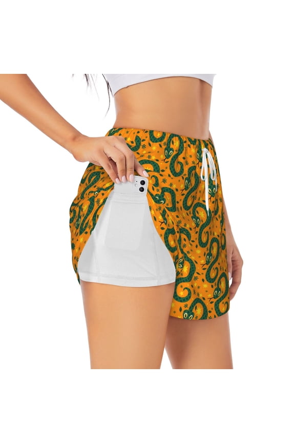 cartoon snake Printed 2 in 1 Women's Workout Shorts for Athletic Gym Running Shorts with Phone Pockets-Medium