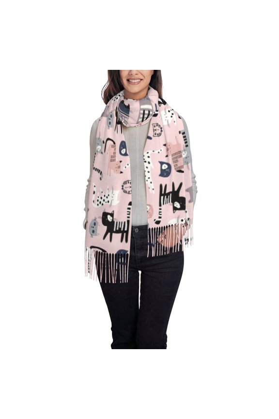 cat Printed Women's Traditional Scarf Wrap Tassel Shawl Fringes Neck Head Shawl Retro Scarf