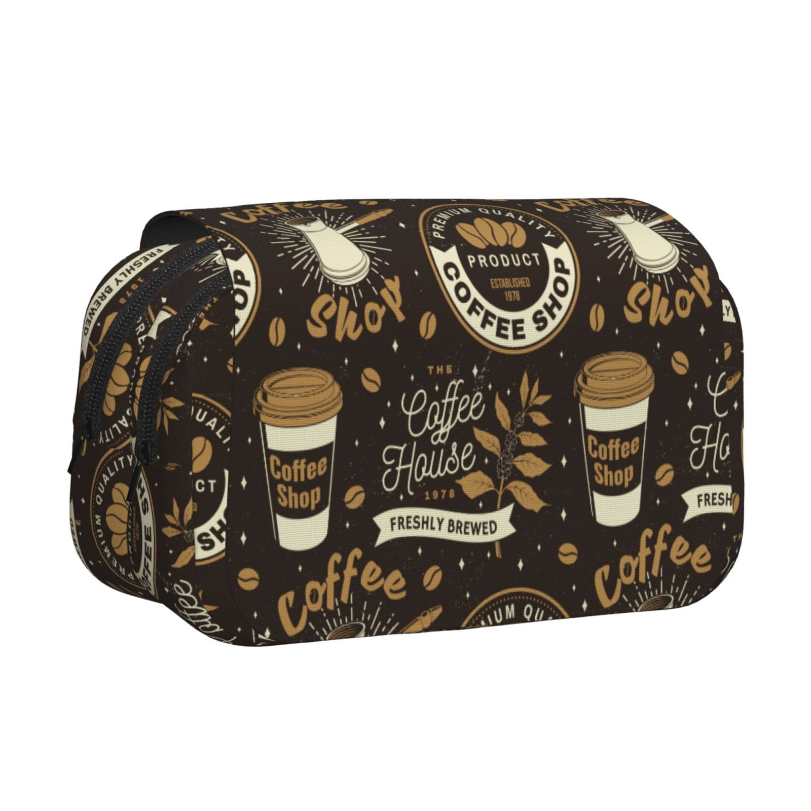 Rateoe coffee shop house Pattern Double Clamshell Pen Case, Storage Organizer with Two Zipper Compartments– Holds Up to 50 Pencils & Pens