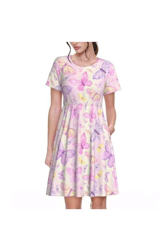 colorful Butterflies Pattern Women’s Short Sleeve Dress – Casual Elegant Summer A-Line Dress for Everyday Wear