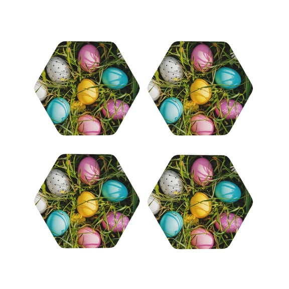 Rateoe colorful Easter eggs Printed Drink Coasters Set of 4 Leather Coasters Spill Protection for Table Desk,Durable and Non Slip Leather Coaster ,4 Inches Drink Mats-Hexagon