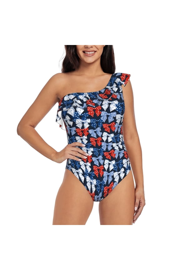 colorful Polka dot bow Pattern Women One Piece Swimsuits Tummy Control One Shoulder Bathing Suits Ruffle Swimwear-Small