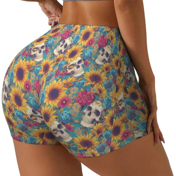 Rateoe colorful Skull sunflower Printed Power Workout Shorts for Women Tummy Control Squat Proof Ribbed Thick Seamless Scrunch Active Short-XX-Large