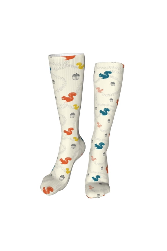 colorful Squirrel Nuts print Women's Men's Novelty 20in Crew Socks Cotton Socks Knee High Socks for Walking,Running,Nurses,Pregnancy-One Size