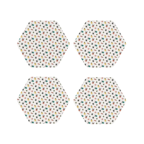 Rateoe colorful doodle insects Printed Drink Coasters Set of 4 Leather Coasters Spill Protection for Table Desk,Durable and Non Slip Leather Coaster ,4 Inches Drink Mats-Hexagon