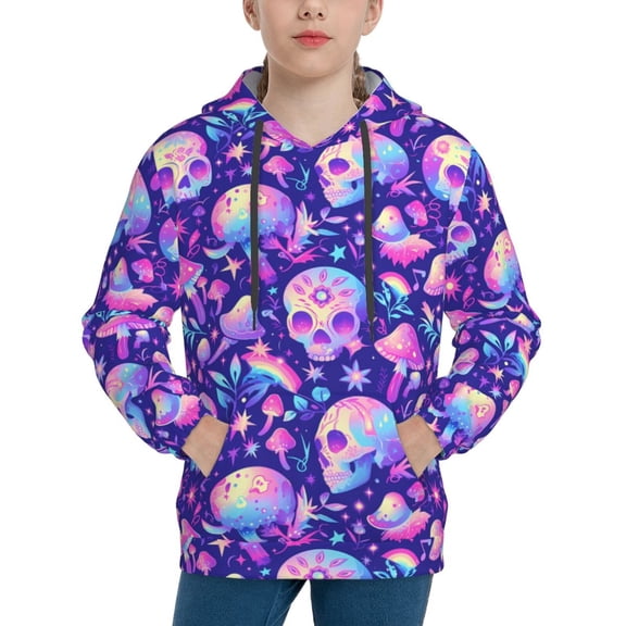 Rateoe colorful mushroom Skull rainbow Pattern Boys Hoodie, Youth Pullover Hooded Sweatshirt, Kangaroo Pocket Hoodie for Kids-