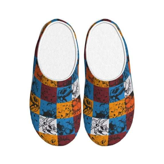 Rateoe colorful plaid Dinosaur Print Women's Men's Cotton Knit Slippers Lightweight Memory Foam Indoor House Shoes with Anti-Skid Sole-42/43