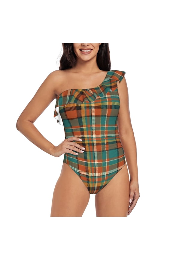colorful plaid Pattern Women One Piece Swimsuits Tummy Control One Shoulder Bathing Suits Ruffle Swimwear-