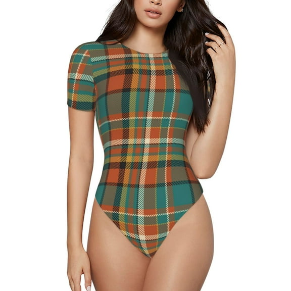 Rateoe colorful plaid Printed Women Rash Guard Short Sleeve,Tummy control Swimsuit Surfing Swimsuit Bathing Suit Short-sleeved Onesie UPF 50  -Small