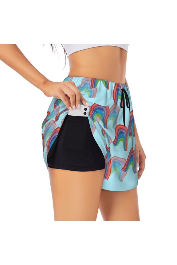 colorful rainbow Printed 2 in 1 Women's Workout Shorts for Athletic Gym Running Shorts with Phone Pockets-Medium