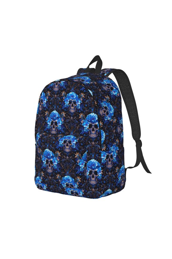 cool blue flower Skull Pattern Durable Canvas Backpack for Men & Women – Stylish & Lightweight – Adjustable Straps, Multiple Pockets – Fits 15-17 Inch LaptopsMedium