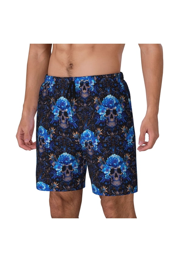 cool blue flower Skull Pattern Men’s Swim Shorts with Compression Liner – Double-Layered Quick-Dry Swimwear, Comfortable & Stretchy Beach Shorts-Large