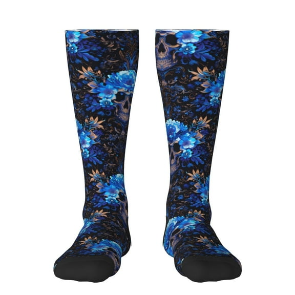 Rateoe cool blue flower Skull Pattern Women’s Knee High Crew Socks,Trouser Socks Comfortable, Breathable, Moisture-Wicking and Soft