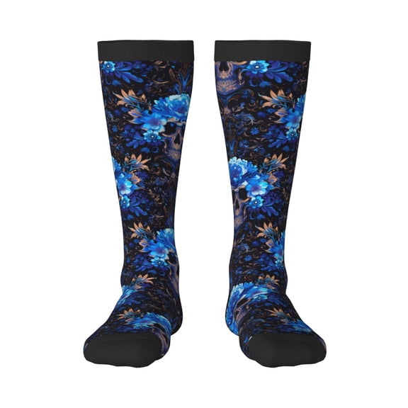 Rateoe cool blue flower Skull Pattern Women’s Knee High Crew Socks,Trouser Socks Comfortable, Breathable, Moisture-Wicking and Soft