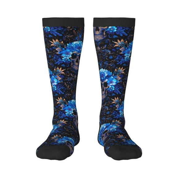 Rateoe cool blue flower Skull Pattern Women’s Knee High Crew Socks,Trouser Socks Comfortable, Breathable, Moisture-Wicking and Soft