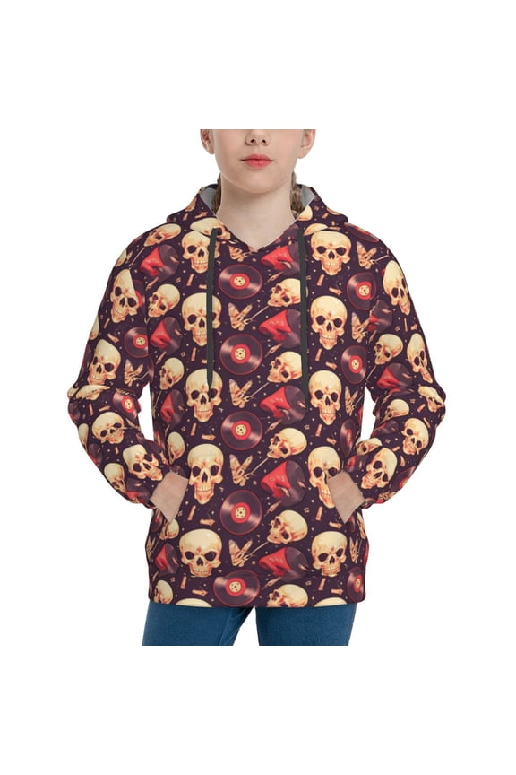 cool rock Skull record Pattern Boys Hoodie, Youth Pullover Hooded Sweatshirt, Kangaroo Pocket Hoodie for Kids-Medium