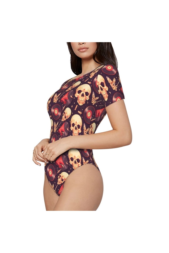 cool rock Skull record Printed Women Rash Guard Short Sleeve,Tummy control Swimsuit Surfing Swimsuit Bathing Suit Short-sleeved Onesie UPF 50+