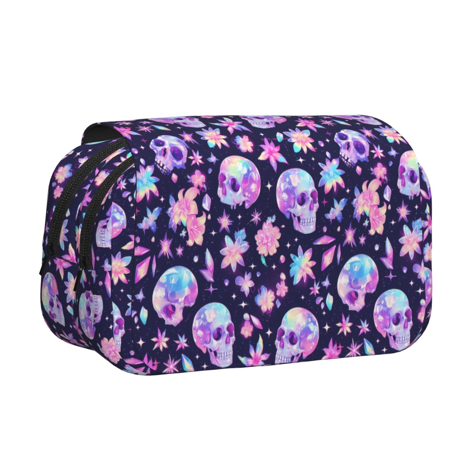 Rateoe crystal Skull flower cool Pattern Double Clamshell Pen Case, Storage Organizer with Two Zipper Compartments– Holds Up to 50 Pencils & Pens