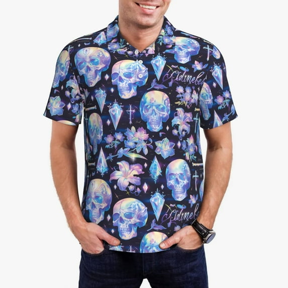 Rateoe crystal cool Skull flower Pattern Men's Short Sleeve Polo Shirts, Golf Polo Shirts Short Sleeve Performance Moisture Wicking Dry-Large