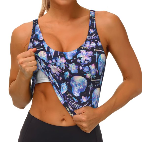 Rateoe crystal cool Skull flower Print Womens' Sports Bras Scoop Neck Sports Vest- Padded U Back Seamless High Impact Support