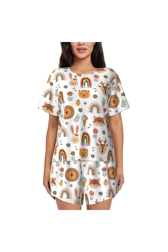 cute Rainbow Animal for 2 Piece Short Sleeves Pajama Sets Casual Lounge Sleepwear Ladies Pjs Sets with Pocket-4X-Large