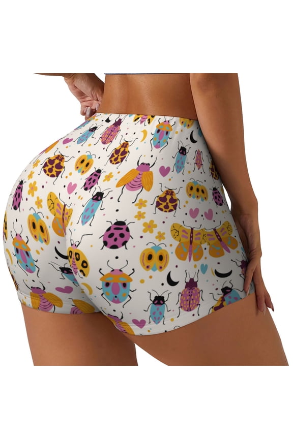 cute bugs Printed Power Workout Shorts for Women Tummy Control Squat Proof Ribbed Thick Seamless Scrunch Active Short-Medium