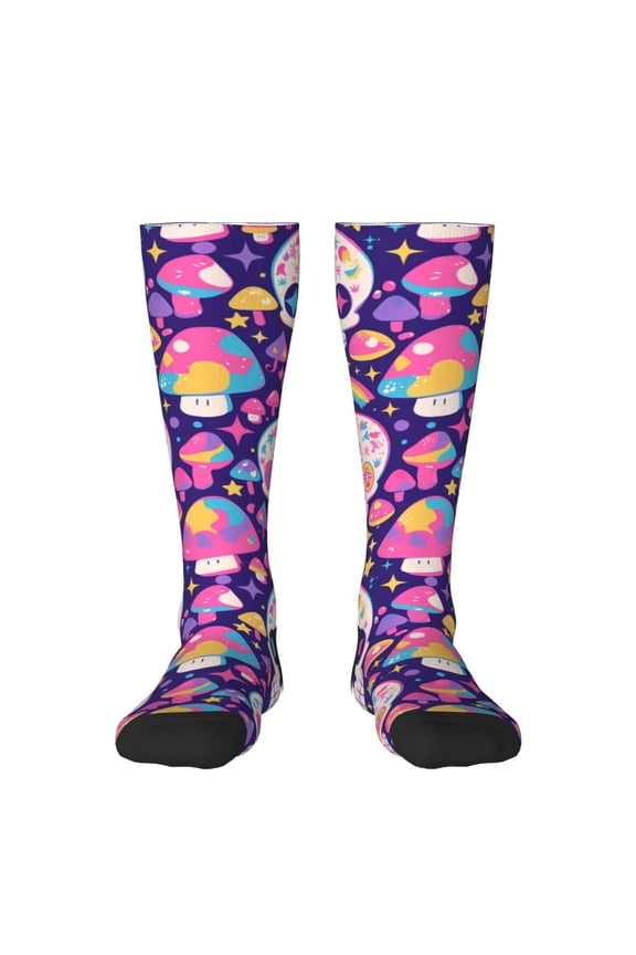 cute rainbow mushroom Skull Pattern Women’s Knee High Crew Socks,Trouser Socks Comfortable, Breathable, Moisture-Wicking and Soft