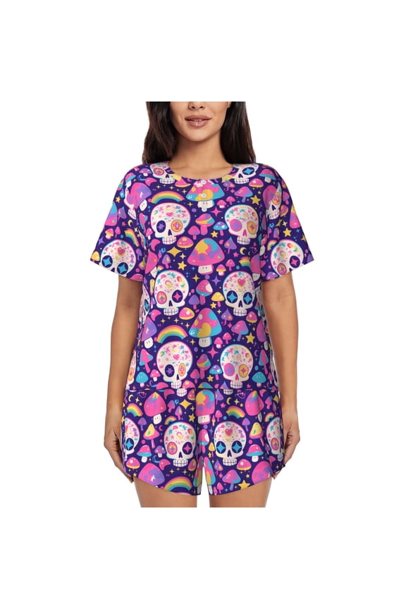 cute rainbow mushroom Skull Pattern Women's Short-Sleeved Pajama Set - 2 Piece Soft and Lightweight Sleepwear Set-Small