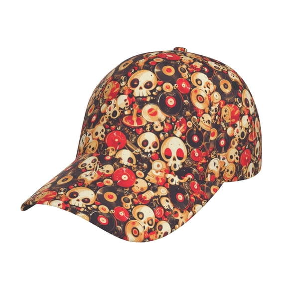 Rateoe cute record music Skull Pattern Men’s Baseball Cap – Adjustable Curved Brim Hat, Soft Cotton Sports Cap for Outdoor, Casual, and Everyday Wear, Comfortable & Breathable