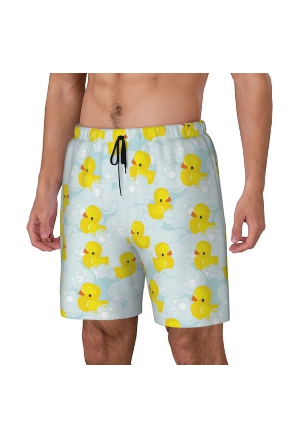 cute rubber duck Pattern Men’s Swim Shorts with Compression Liner – Double-Layered Quick-Dry Swimwear, Comfortable & Stretchy Beach Shorts-Large