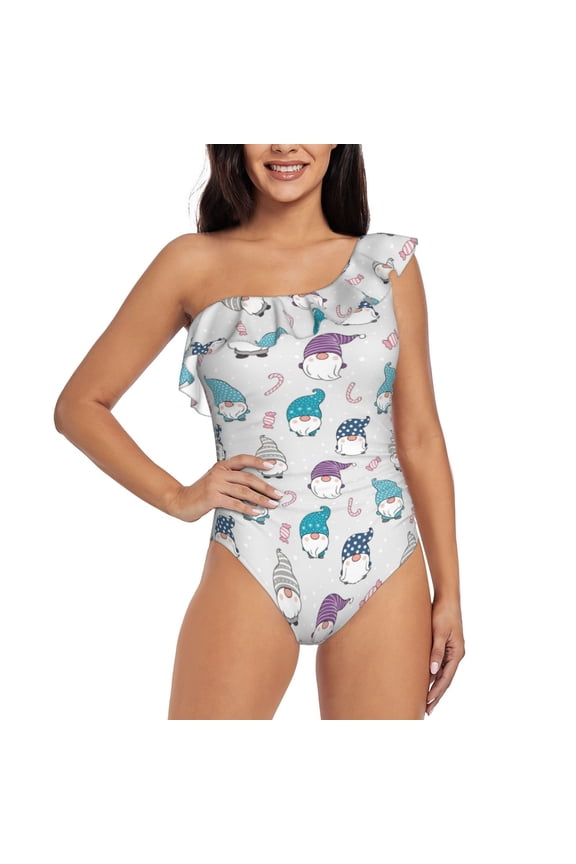 cute winter Gnome Pattern Women One Piece Swimsuits Tummy Control One Shoulder Bathing Suits Ruffle Swimwear-