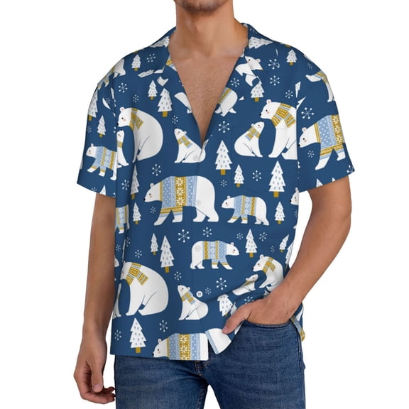 Rateoe cute winter bear Pattern Men's Short Sleeve Classic Shirt, Casual Short-Sleeved Shirt, Lightweight Summer Shirt, Cuban Collar Shirt,Button-Front Shirt-Medium