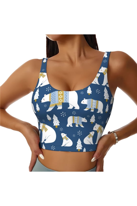 cute winter bear Print Womens' Sports Bras Scoop Neck Sports Vest- Padded U Back Seamless High Impact Support-Medium