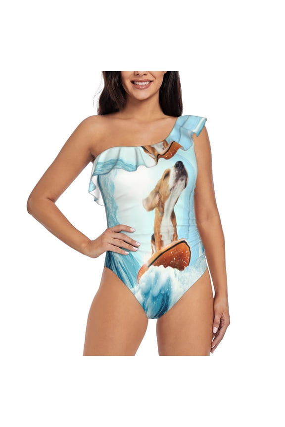 dog surfing on surfboard Pattern Women One Piece Swimsuits Tummy Control One Shoulder Bathing Suits Ruffle Swimwear-