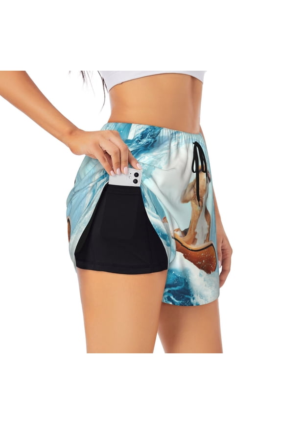 dog surfing on surfboard Printed 2 in 1 Women's Workout Shorts for Athletic Gym Running Shorts with Phone Pockets-