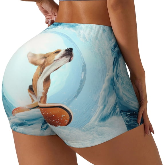 Rateoe dog surfing on surfboard Printed Power Workout Shorts for Women Tummy Control Squat Proof Ribbed Thick Seamless Scrunch Active Short-Medium