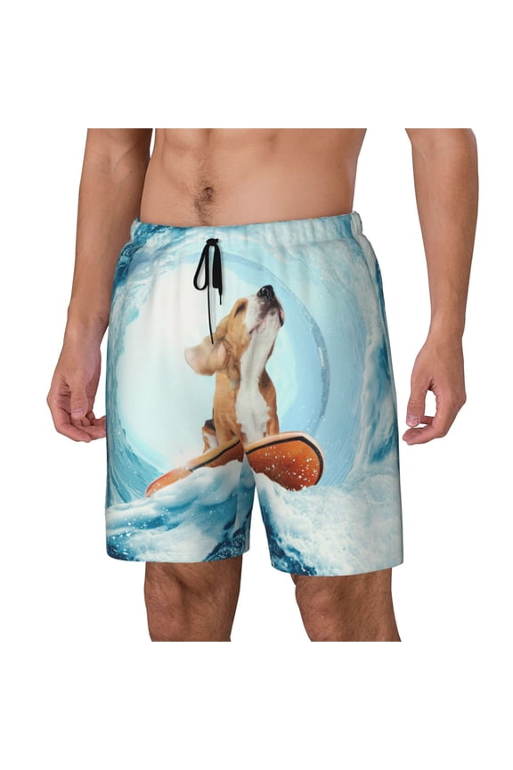 dog surfing on surfboard Pattern Men’s Swim Shorts with Compression Liner – Double-Layered Quick-Dry Swimwear, Comfortable & Stretchy Beach Shorts-Small