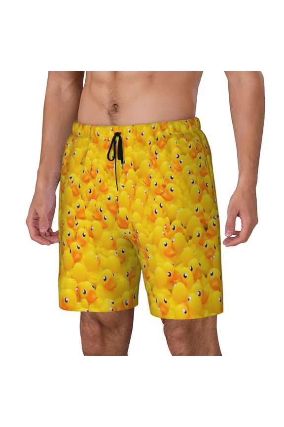 duck floating in the pool Pattern Men’s Swim Shorts with Compression Liner – Double-Layered Quick-Dry Swimwear, Comfortable & Stretchy Beach Shorts-Small