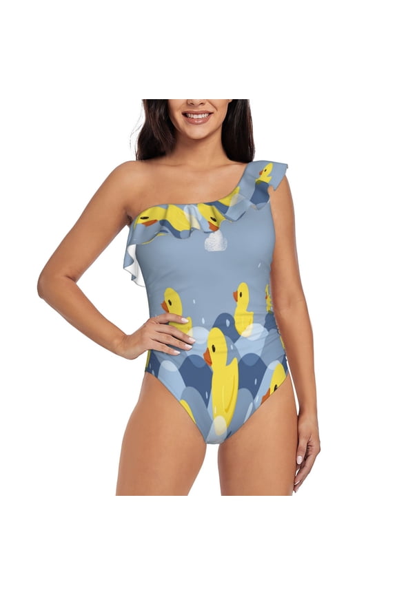 ducklings swim on the sea waves Pattern Women One Piece Swimsuits Tummy Control One Shoulder Bathing Suits Ruffle Swimwear-Large