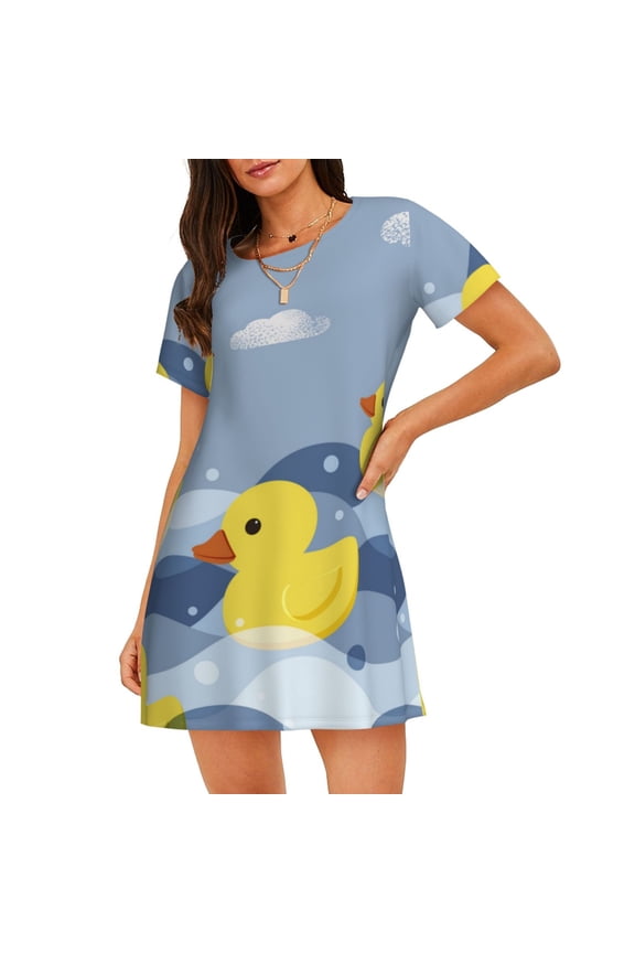 ducklings swim on the sea waves Print Women’s Nightdress – Cozy Cotton Short-sleeved Sleep Shirt, Loose-Fit Sleepwear, Perfect for Relaxing and Sleeping