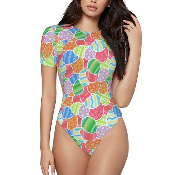 Rateoe easter eggs Printed Women Rash Guard Short Sleeve,Tummy control Swimsuit Surfing Swimsuit Bathing Suit Short-sleeved Onesie UPF 50+-