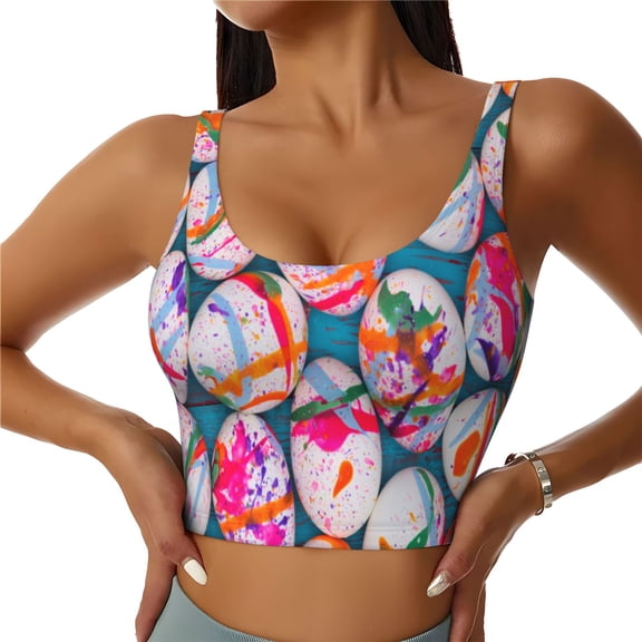 Rateoe eggs Print Womens' Sports Bras Scoop Neck Sports Vest- Padded U Back Seamless High Impact Support-Small