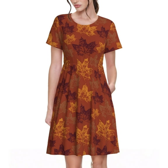 Rateoe fall Maple Pattern Women’s Short Sleeve Dress – Casual Elegant Summer A-Line Dress for Everyday Wear