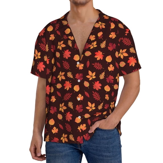 Rateoe fall Maple leaf Pattern Men's Short Sleeve Classic Shirt, Casual Short-Sleeved Shirt, Lightweight Summer Shirt, Cuban Collar Shirt,Button-Front Shirt-3X-Large