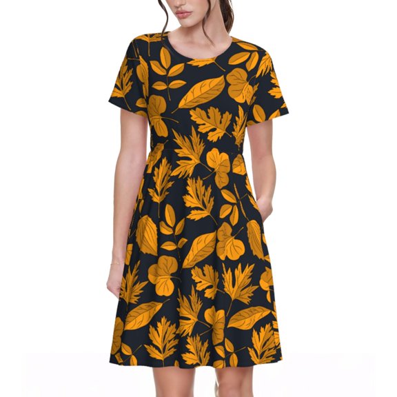 Rateoe fall leaf Pattern Women’s Short Sleeve Dress – Casual Elegant Summer A-Line Dress for Everyday Wear